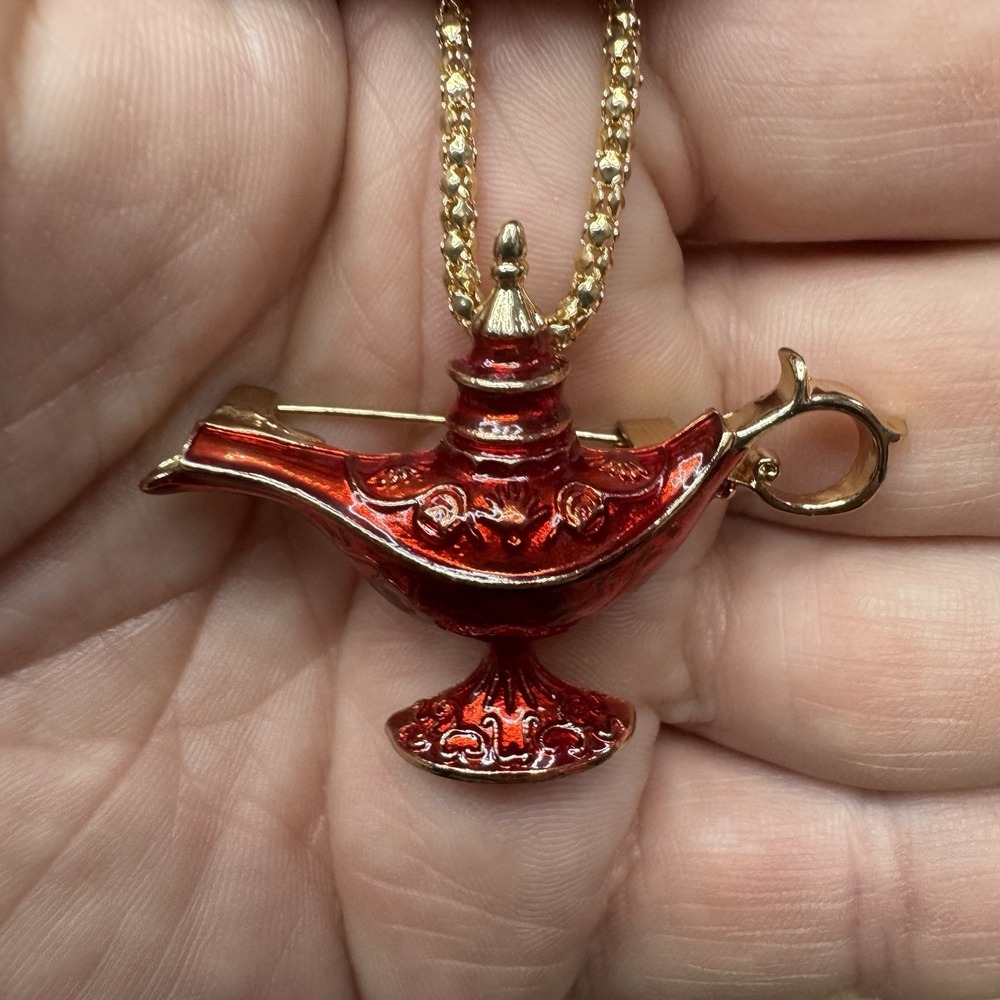 Betsey Johnson Red Genie Lamp Brooch Pendant Necklace